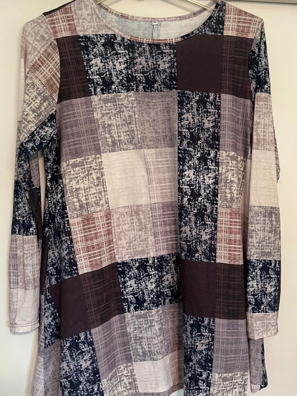 Womens XL Patchwork Print Tunic Top Navy Beige Brown Long Sleeve Swing Blouse